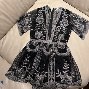 Honey Punch Black Romper (Gorgeous Black and Silver lace 1 piece romper low cut)